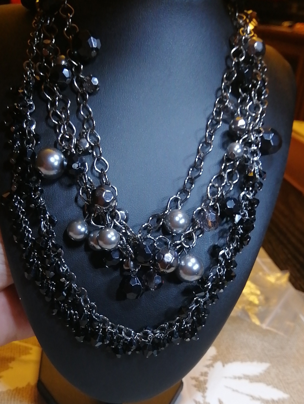 2 Statement Shiny Black Grey Necklaces Bundle